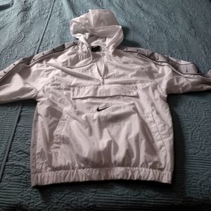 Men's Big Swoosh White, Black, and Silver Nike Windbreaker.